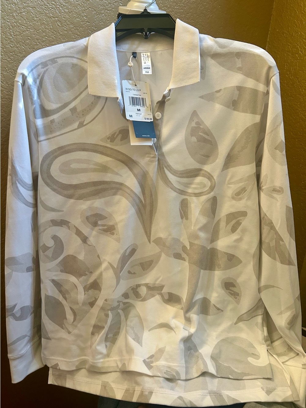adidas White and Cream Polo Shirt with Subtle Swirl Print